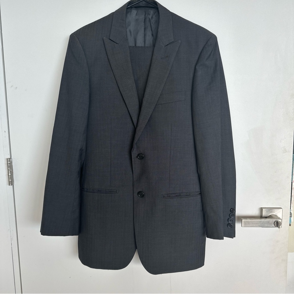 TALLIA 2PC MENS GREY TWILL 2 BUTTON SUIT FLAT FRONT PANTS 36R